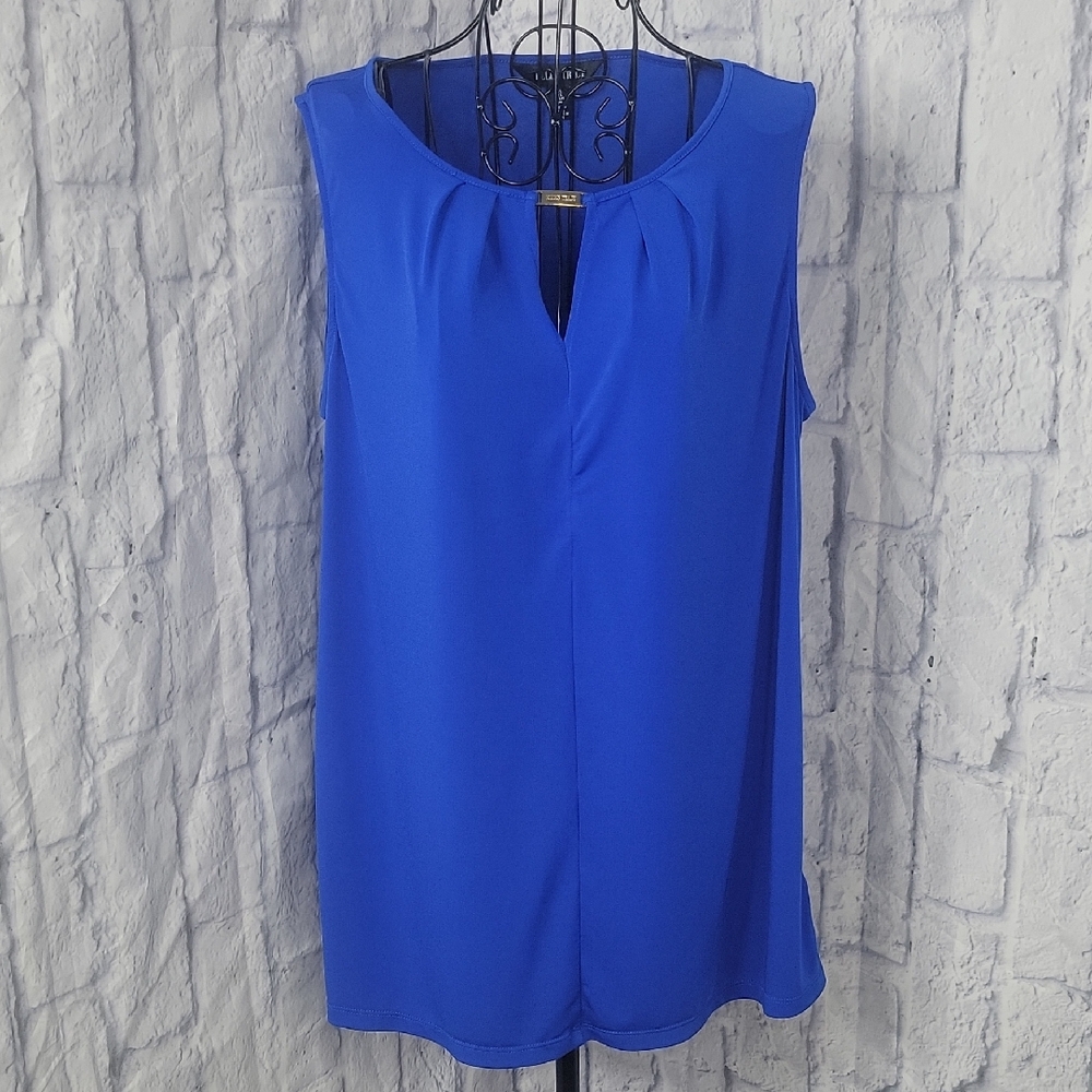 Ellen Tracy Blue Sleeveless Blouse Keyhole Neck Work Career Large